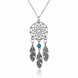 Silver & Turquoise Dream Catcher with Feathers Necklace